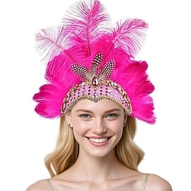 Carnaval 2026 Carnaval de Rio Accessoires de Samba Coiffe en Plume d'Oie Rose Fluo pour Femmes - Coiffure à Paillettes et Strass - Costume de Showgirl Carnaval