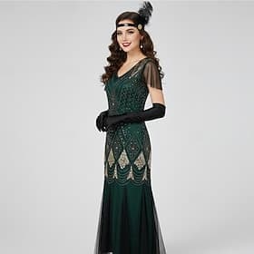 Set Roaring 20s 1920s Floor Length Evening Dress Outfits Accessories Set with Accessories Short Sleeves The Great Gatsby Wedding Guest Sequins Sequin V Neck Fa