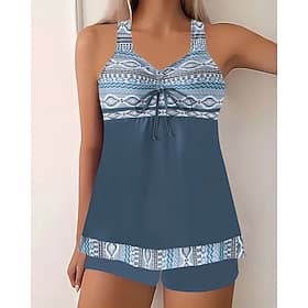 Women's Swimwear 2 Piece Shorts Swimsuit Backless Vacation Beach Wear Graphic Round Neck Sleeveless Bathing Suits
