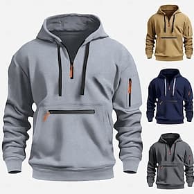 Men's Hoodie Zip Up Hoodies Tactical Hoodie Black Navy Blue Camel Light Grey Dark Gray Hooded Plain Pocket Half Zip Front Pocket Daily Holiday Going out Polyes