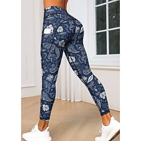 Women's pilates leggings fitness pants Casual leggings Pockets Stamp Duty Patchwork Pilates Gym Gym Workout Pants Tights Leggings Paisley Floral Print Dark Nav