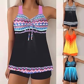 Femmes Maillots de Bain 2 pièces Shorts Maillot de bain Dos nu Vacances Tenues de plage Graphique Col rond Sans manches Maillots de bain