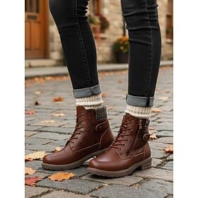 Women's Brown Faux Leather Lace-Up Ankle Boots with Knit Accents – Stylish and Durable Boots for Outdoor Walks, Work and Casual Outings