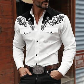 Men's Floral Print Ethnic Flowers Shirt Western Shirt Cowboy Shirt Long Sleeve Vintage Retro Casual Outdoor WorkWear Spring Fall Turndown Front Two Pockets Lin thumbnail 4