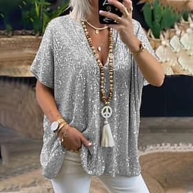 Women's Blouse Sequin Tops Sequins Glitter Plain Elegant Vintage Stylish Short Sleeve V Neck Regular Tops Daily Holiday Going out Silver Pink Gold Spring Fall
