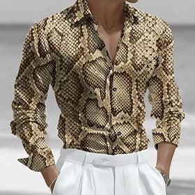 Men's Snake Skin Pattern Shirt Satin Shirt Dress Shirt Long Sleeve Fashion Casual Vacation Dailywear Summer Spring Fall Turndown 3D Print Button Up Shirts Khak