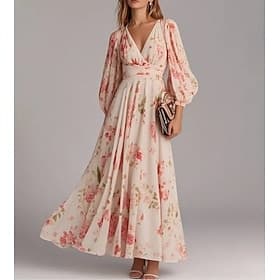 Women's Midi Dress Sundress Fit And Flare Dress Vacation Casual Daily Regular Fit Floral Long Sleeve V Neck Pink Summer Spring Fall Winter