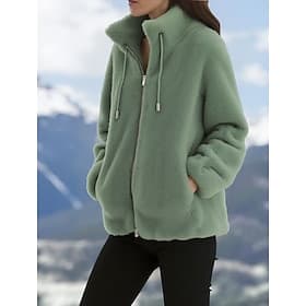 Women's Winter Coat Teddy Coat Warm Comfortable Drawstring Zipper Elegant Plush Casual Solid Color Home Casual Short Stand Collar Regular Fit Long Sleeve Outer