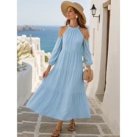 Women's Maxi Dress Sundress Vacation Casual Boho Going out Beach Solid Color Sleeveless Halter Neck Blue Summer Spring