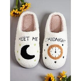 Women's White Plush Fleece House Slippers with Moon  Clock Embroidery – Warm Slip-On Scuff Mules for Bedroom Relaxation  Novelty Gifts