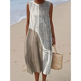 Women's Midi Dress Linen Like Sundress Shift Dress A Line Dress Vacation Casual Boho Going out Beach Loose Fit Graphic Geometric Sleeveless Crewneck Pink Red L