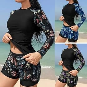 Women's Tankini 2 Piece Swimsuit Palm High Waist Tummy Control High Waist Slim Vacation Beach Wear Floral Leaves Round Neck Long Sleeve Bathing Suits