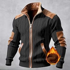 Men's Fleece Jacket Casual Jacket Office Casual Comfy Patchwork Pocket Fall Autumn / Fall Fall  Winter Textured Vintage Streetwear Turndown Regular Blue Black