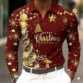 Christmas Men's Elk Christmas Tree Polo Long Sleeve Polo Shirts Lapel Casual Outdoor Holiday Daily Wear Festival Outfit 3D Print Buttons Spring Fall Winter Bla