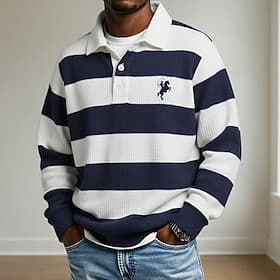 Men's Horizontal Stripes Polo Rugby Polo Rugby Polo Shirts Long Sleeve Polo Shirts Lapel Sportswear Casual School Athleisure Daily Wear 3D Print Spring Fall Wi