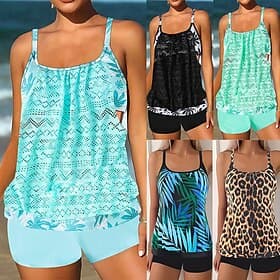 Damen Badeanzug Zweiteilig Slips Bademode Rückenfrei Urlaub Strandbekleidung Grafik Leopard Rundhals Ärmellos Badeanzüge
