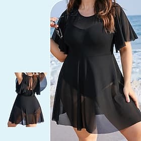 Women's Rash Guard Bathing Suit Swimwear Floral Swimwear Black / White Black UV Protection Tummy Control Surfing Beach Vacation Summer Plus Size