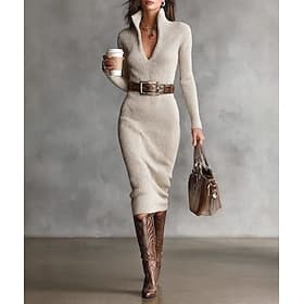 Women's Midi Dress Sweater Dress Vacation Casual Office Daily Date Plain Long Sleeve Stand Collar Beige