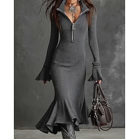 Women's Midi Dress Sweater Dress Trumpet Mermaid Dress Elegant Modern Vacation Holiday Date Slim Plain Long Sleeve Shirt Collar Black Army Green Light Brown Br