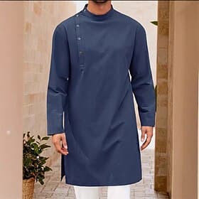 Men's Loungewear Nightgown Nightshirt Plain Stylish Comfort Home Daily Cotton Breathable Stand Collar Long Sleeve Spring Fall Black White thumbnail 2