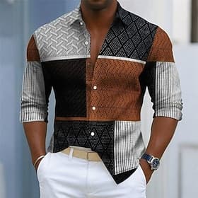 Men's Color Block Shirt Casual Shirt Button Up Shirt Long Sleeve Hawaiian Casual Beach Daily Outdoor Street Spring Fall Shirt Collar Button Up Printing Black B