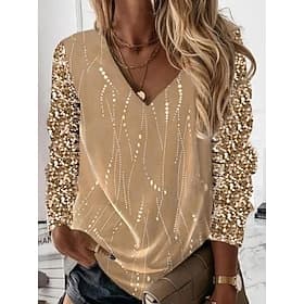 New Year Women's Shirt Geometric Party Ladies Stylish Long Sleeve V Neck Regular Tops Gold Fall Winter