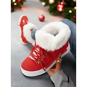 Women's Red Faux Fur Sneakers - Warm Winter Lace-Up Shoes with Plush Lining, Christmas Casual Footwear for Outdoor and Street Style Looks