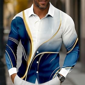 Men's Geometric Gradient Waves Shirt Button Up Shirt Long Sleeve Fashion Casual Outdoor Dailywear Spring Fall Turndown 3D Print Collared Shirts Blue