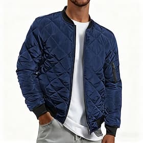 Men's Bomber Quilted Jacket Diamond Padded Jacket Winter Outdoor Chunky Varsity Flight Windproof Warm Trench Coat Top Quilted Seams Cotton Outwear Overcoat Ful