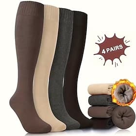4 Pairs Women Over The Knee Thermal Socks, Thick Soft Warm Winter Long Socks for Cold Weather, Cozy Casual Knee High Socks for Hiking Skiing and Daily Wear