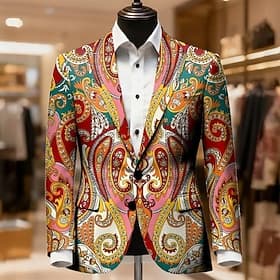 Men's Paisley Blazer Jacket Coat Comfortable Breathable Artistic Casual Casual Daily Festival 3D Print Buttons Fall Winter Notch Long Sleeve Blue Red Green