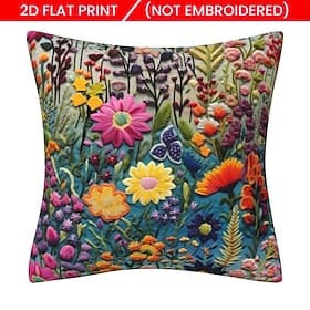 Floral Pillow Cover 2D Flat Print Decorative Cushion Case with Faux embroidery Soft Polyester Fabric for Sofa Bedroom Living Room Home Decor