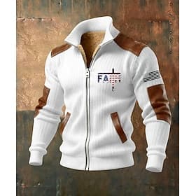 Men's Full Zip Hoodie Fleece Jacket Fleece Hoodie Black White Army Green Navy Blue Brown Standing Collar Cross American Flag Faith Pocket Faux Leather Accents