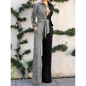 Women's Normal Jumpsuit Elegant Solid Color Long Sleeve Wide Leg Shirt Collar Pocket High Waist Vacation Daily Regular Fit Silver Yellow Red Spring