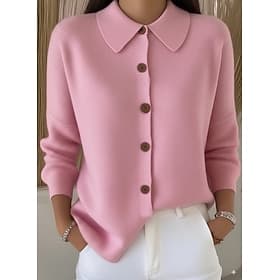 Femmes Gilet Cardigan Élégant Vacances Quotidien Côtelé Col Rabattu Col de chemise Boutons manche longue Hauts Réguliers Tricoter Travail Fête Rouge vin Noir P