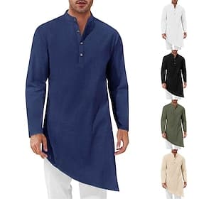 Men's Loungewear Nightgown Nightshirt Plain Stylish Comfort Home Daily Cotton Breathable Stand Collar Long Sleeve Spring Fall Black White