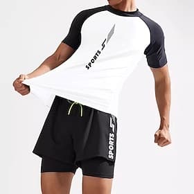 Men's 2 Piece Rash Guard Surfing Shirt Swimsuit Shorts Alphabet Color-blocking UV Sun Protection Quick Dry Short Sleeve Swimwear Beach Water Sports Swimming Su