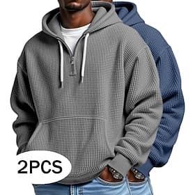 Men's Hoodie Waffle Hoodies Pullover Hoodie Sweatshirt Quarter Zip Hoodie Dark GrayRed Hooded Plain Kangaroo Pocket Textured Casual Daily Sports  Outdoor Polye