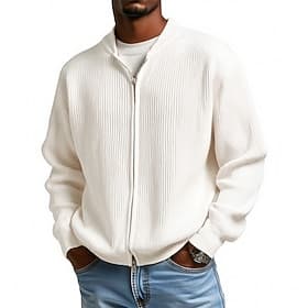 Men's Sweater Cardigan Sweater Ribbed Knit Regular Tops Knitted Plain Stand Collar Fashion Streetwear Outdoor Daily Wear Clothing Apparel Fall Winter Black kha