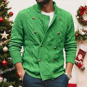 Men's Cardigan Sweater Ribbed Knit Cropped Knitted Queen Anne Warm Ups Modern Contemporary Daily Wear Going out Clothing Apparel Spring   Fall Green M L XL