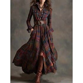 Women's Maxi Dress Shift Dress Vacation Casual Boho Daily Regular Fit Plaid Long Sleeve Lapel Blue Dark Yellow Deep Green Black Spring Fall Winter(No belt)