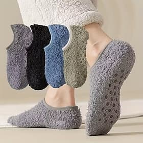 4-Pair Pack Men's Winter Thermal Floor Socks - Thickened Non-slip Coral Fleece with Elastic Ribbed Cuff Soft Solid Color Indoor Home Slippers Comfortable and D