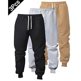 Multi Packs 3pcs Men's BlackGrayKhaki Sweatpants Trousers Drawstring Elastic Waist Plain Vacation Daily Wear Polyester Spring