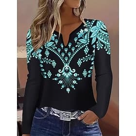 Women's T Shirt Print Graphic Plants Vintage Stylish Classic Long Sleeve V Neck Notched Neck Regular Tops Daily Blue Black Spring Fall