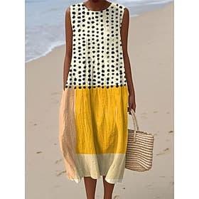Women's Midi Dress Linen Like Sundress Shift Dress A Line Dress Vacation Casual Boho Going out Beach Loose Fit Graphic Geometric Sleeveless Crewneck Yellow Dar