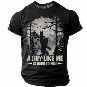 Bigfoot Funny T-shirt, A Guy Like Me Is Hard to Find Sasquatch Tee, Forest Silhouette Mountain Design, Humorous Cryptid Shirt for Men, Outdoor Hiking Gift Appa