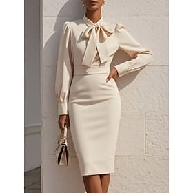 Women's Midi Dress Bodycon Dress Work Dresses Semi Formal Office Slim Plain Long Sleeve Shirt Collar Pink Blue Apricot Fall Winter