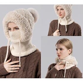 Berretto invernale 3 in 1, foderato in pile, lavorato a maglia, per donna, con protezione per le orecchie, maschera facciale integrata e scaldacollo, caldo e a