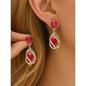 Women's Red Crystal Earrings with Gold Swirl Design, Elegant Jewelry for Valentine's Day
