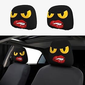 2pcs Funny Lips Print Car Headrest Covers, Neck Pillow and Lumbar Support Cushion, Soft and Fluffy, All-Season Use, Suitable for Long Distance Driving, Daily C